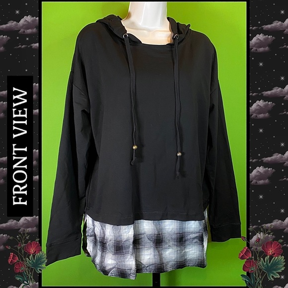 M  NWT BLACK & PLAID TRIM HOODIE/HOODED TUNIC COTTON POLYESTER BLEND - ANNABELLE - Picture 2 of 13